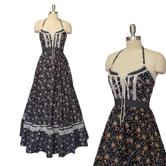 Gunne Sax Dresses & Skirts - Gunne Sax Rooster Print Halter Dress Size 9 S Corset Lace Up Maxi Vintage 70s
